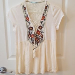 Maurices cream boho shirt with flower embroidery